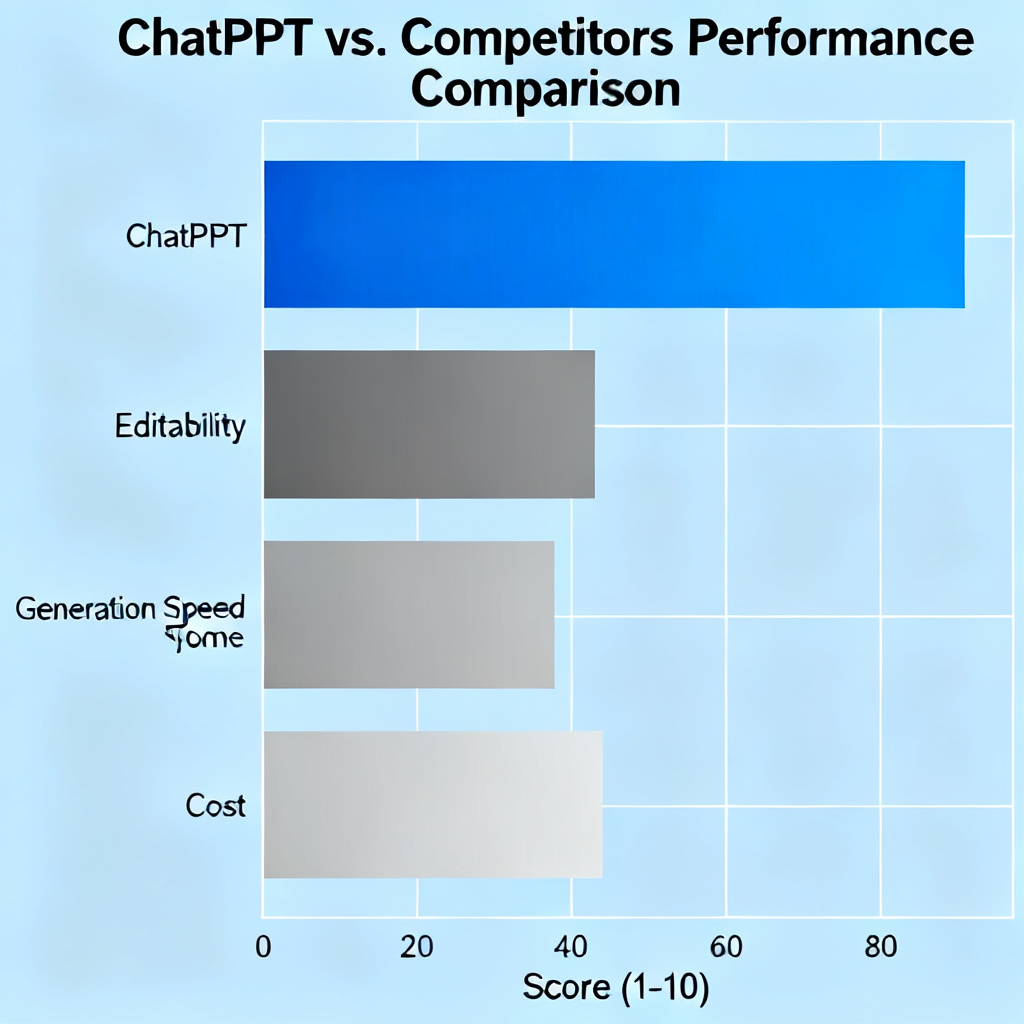 A bar chart comparing ChatPPT vs. competitors (Gamma, Tome) on style count, editability, generation speed, and cost, with ChatPPT bars significantly higher, clean infographic style.