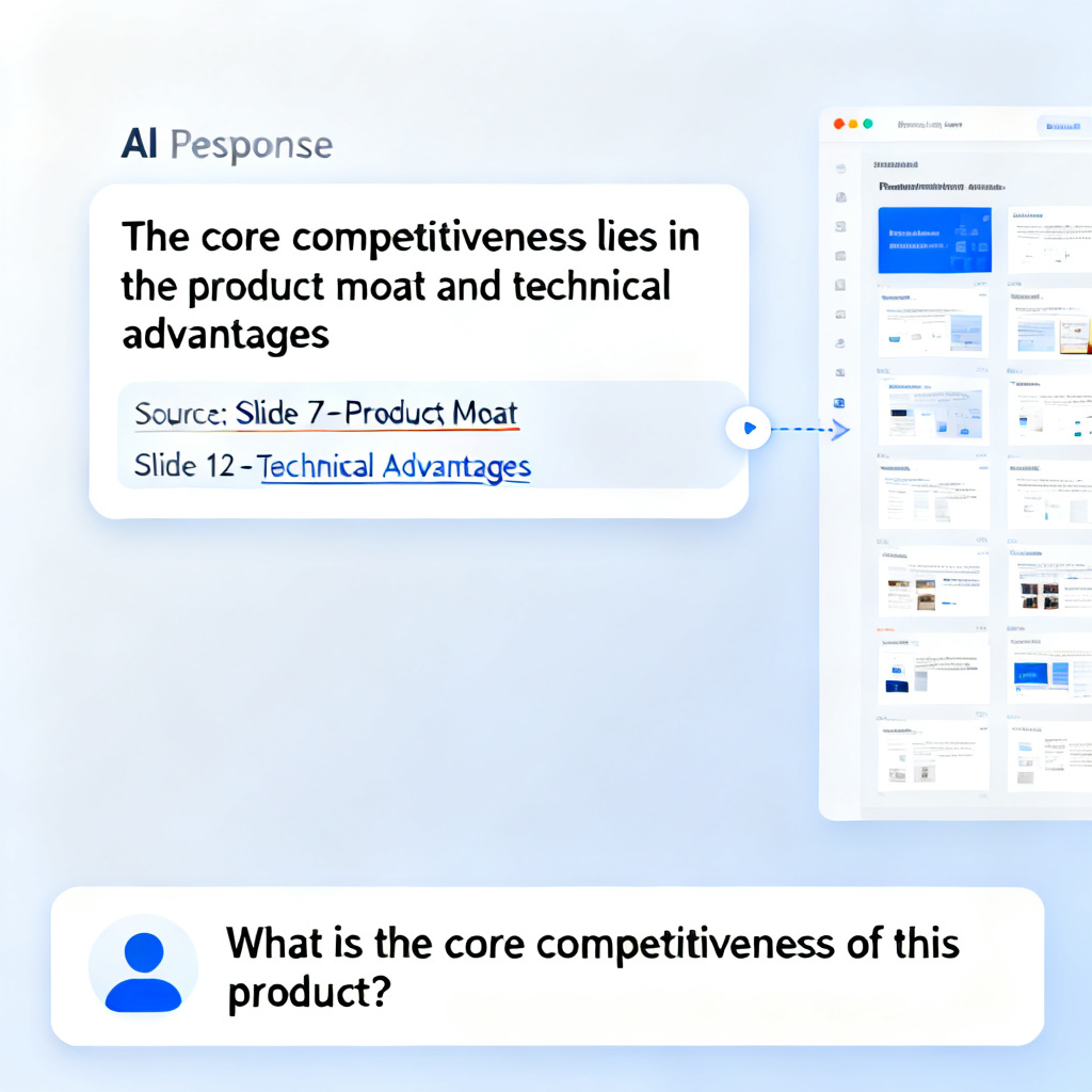 A user interface showing ChatPPT's AI Q&A and traceability feature. A question box at the bottom reads "What is the core competitiveness of this product?" The AI response is displayed in a chat bubble, with highlighted source references to specific PPT slides (e.g., "Source: Slide 7 - Product Moat" and "Slide 12 - Technical Advantages"). A visual link connects the response to the corresponding slides in the presentation preview.