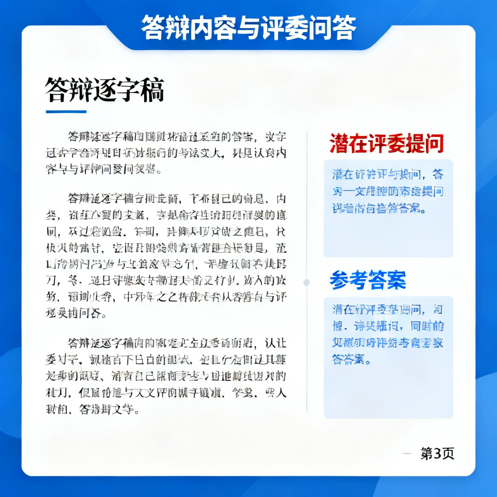 ChatPPT生成的答辩逐字稿页面,旁边标注着潜在评委提问及参考答案