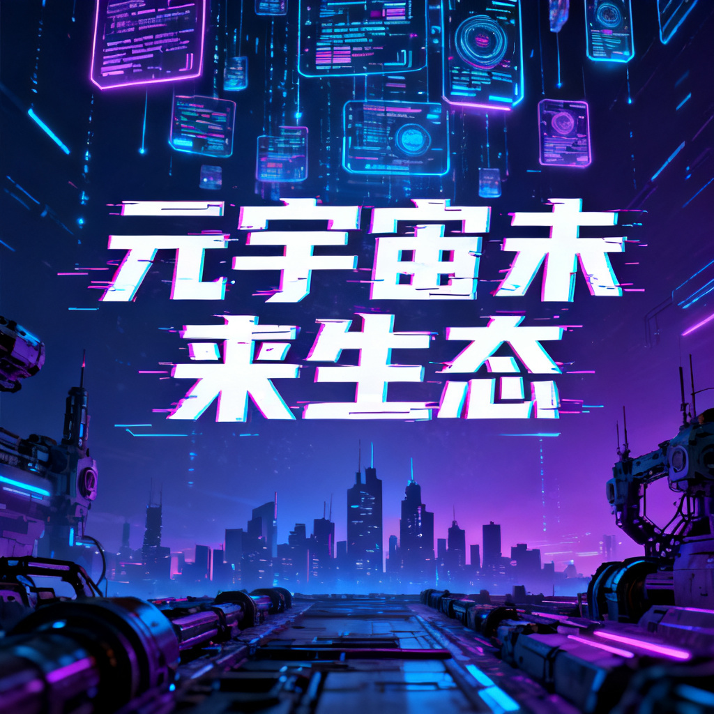 一个赛博朋克风格的元宇宙路演PPT页面，霓虹蓝紫配色，故障艺术字体，背景是漂浮的数据流与机械城市轮廓，画面具有强烈纵深感与科技感