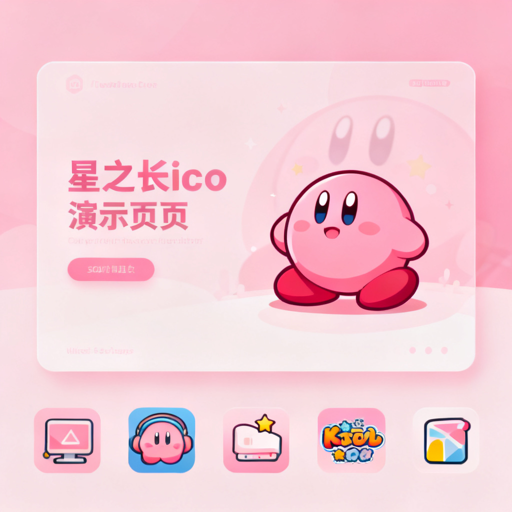 星之卡比风格演示页，粉色调，可爱卡通风格，柔和光影，服务器图标变为粉色圆润造型