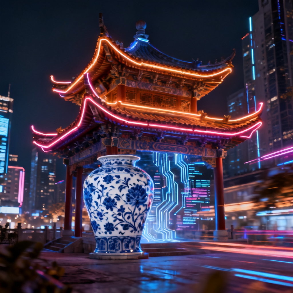 一张赛博朋克风格的城市夜景，霓虹灯管勾勒出中式古建筑的飞檐，数据流在青花瓷纹理中流动，高对比度色彩，细节丰富，画面充满未来感与传统美学的碰撞