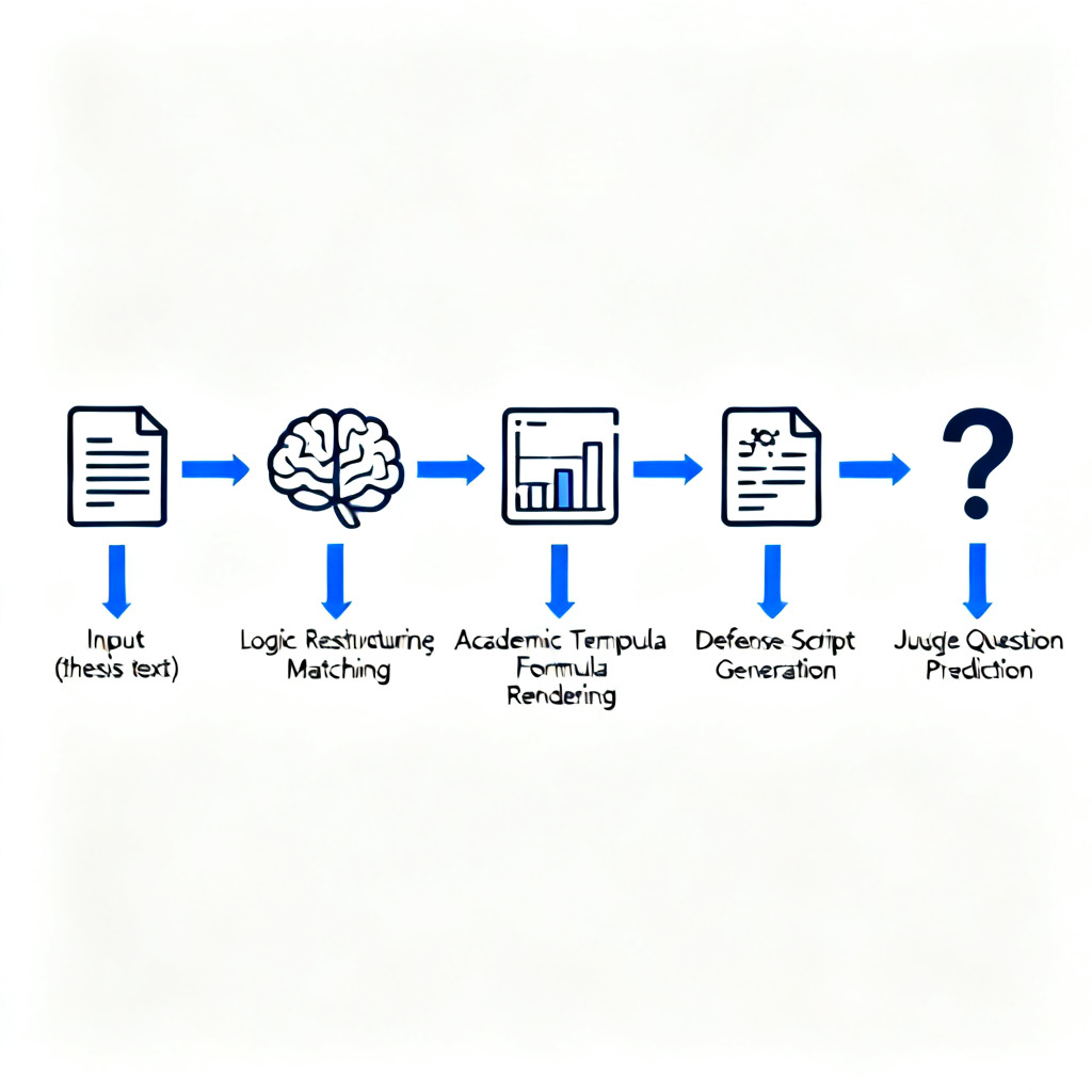 An architectural diagram showing the full pipeline of ChatPPT for thesis PPT generation: Input (thesis text) -> Logic Restructuring -> Academic Template Matching -> Chart & Formula Rendering -> Defense Script Generation -> Judge Question Prediction. The diagram uses clean icons and blue arrows, representing a seamless workflow.