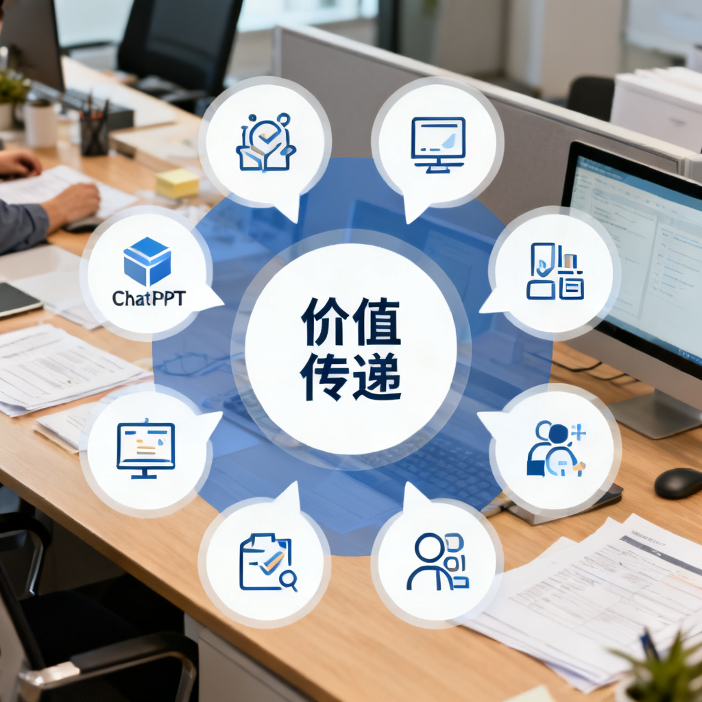 一张信息图，展示ChatPPT的8大核心模块图标，中心为“价值传递”字样，背景为办公场景