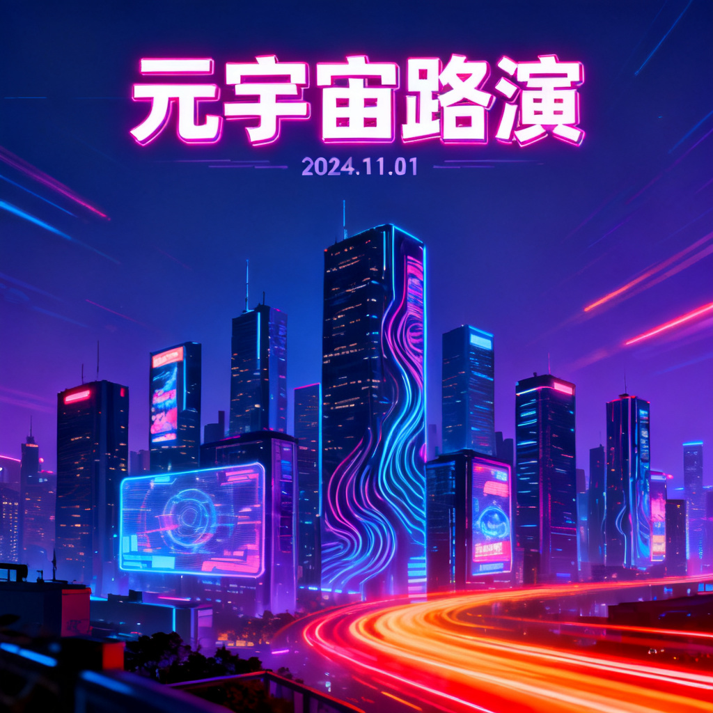 赛博朋克风格的元宇宙路演PPT封面，霓虹灯光与摩天大楼，城市天际线