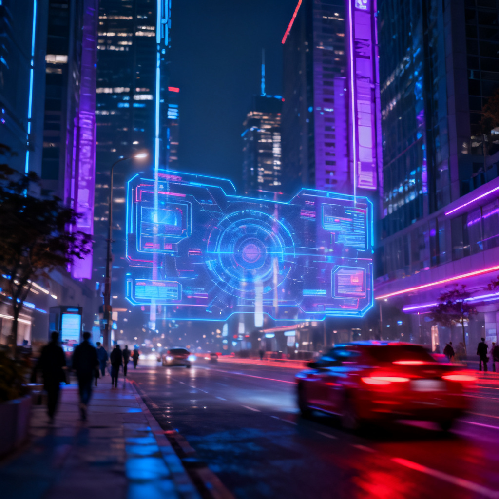 赛博朋克风格的城市夜景，霓虹灯光，全息投影，未来感，电影级渲染
