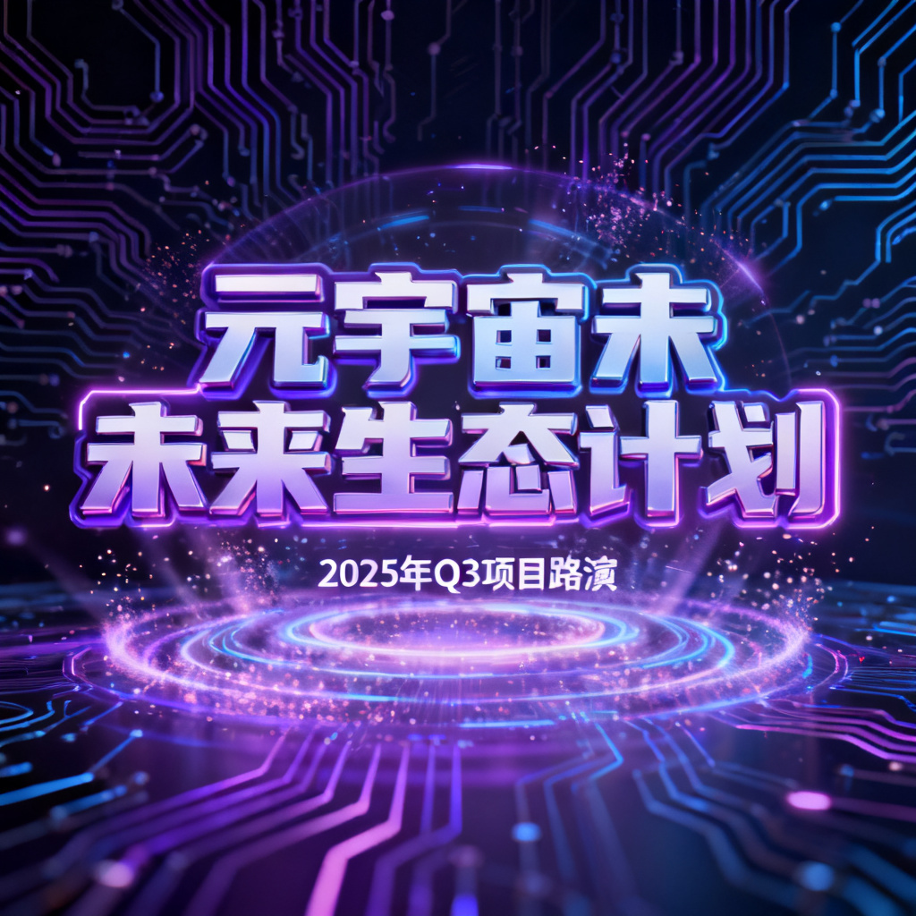 赛博朋克风格的元宇宙项目路演PPT封面，霓虹紫与暗夜蓝配色，流动的电路纹理，3D全息投影风格的标题文字