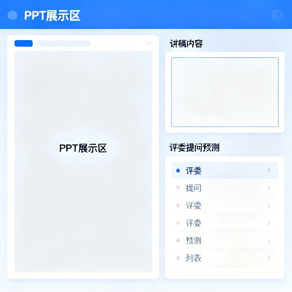 ChatPPT的答辩逐字稿界面,左侧是PPT页面,右侧是讲稿和评委提问预测列表,界面清晰