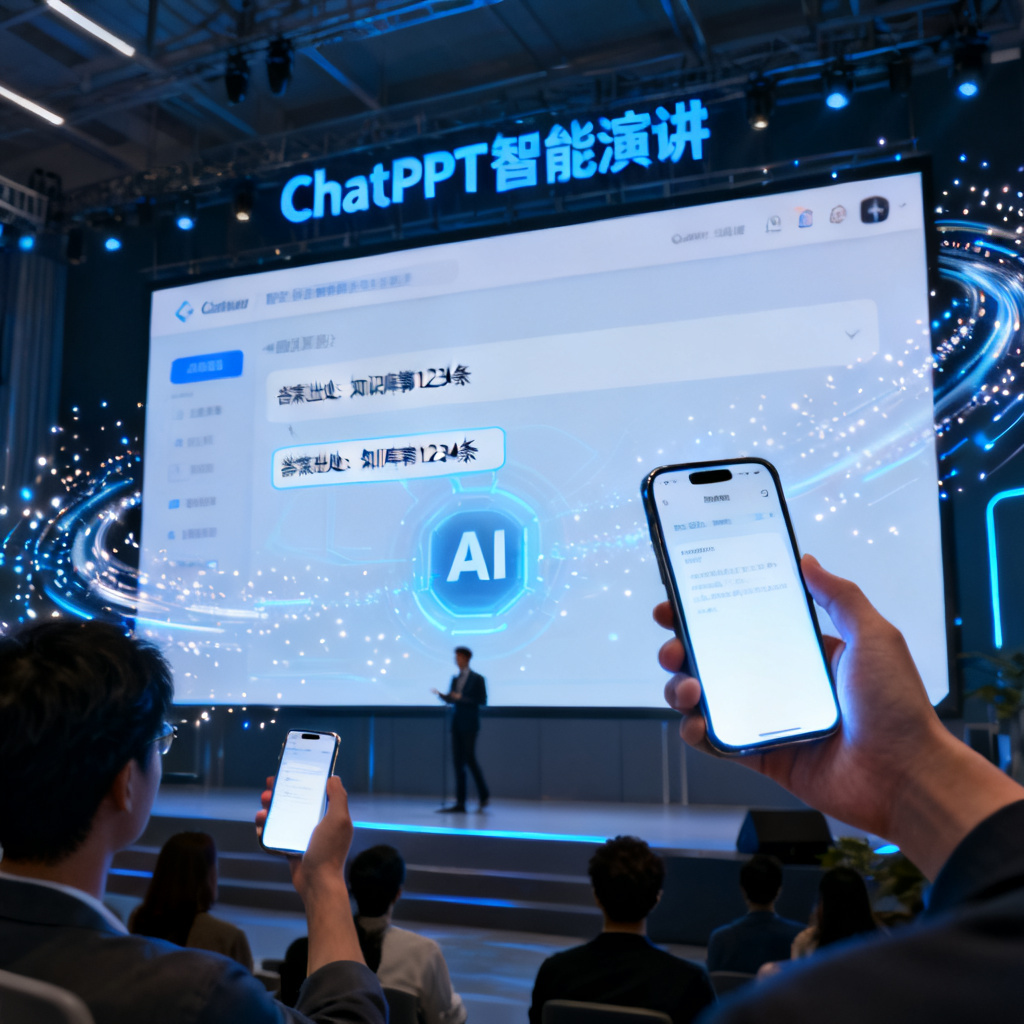 一场无人主持的路演现场，大屏幕上显示ChatPPT的智能演讲页面，观众通过手机提问，AI在屏幕上自动溯源并展示答案出处，画面科技感十足