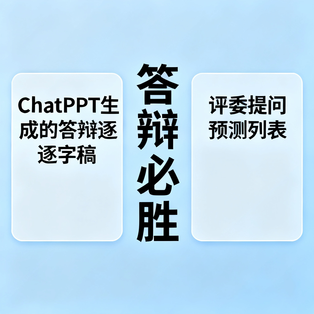 一张示意图，显示ChatPPT生成的答辩逐字稿和评委提问预测列表，背景有“答辩必胜”字样，风格为简洁实用