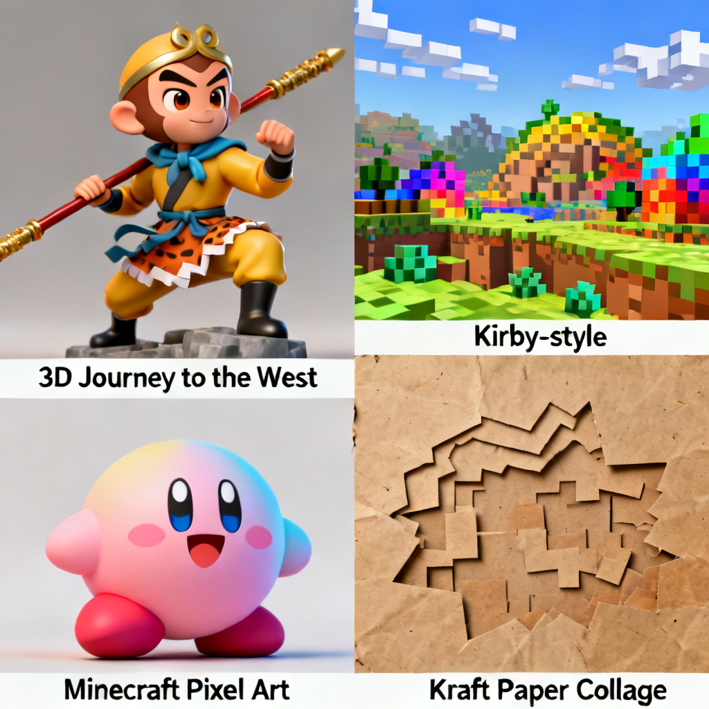 A collage of diverse artistic styles generated by AI: a 3D Journey to the West character, a Kirby-style cute creature, a Minecraft pixel art landscape, and a kraft paper collage. Each style is labeled with its name.