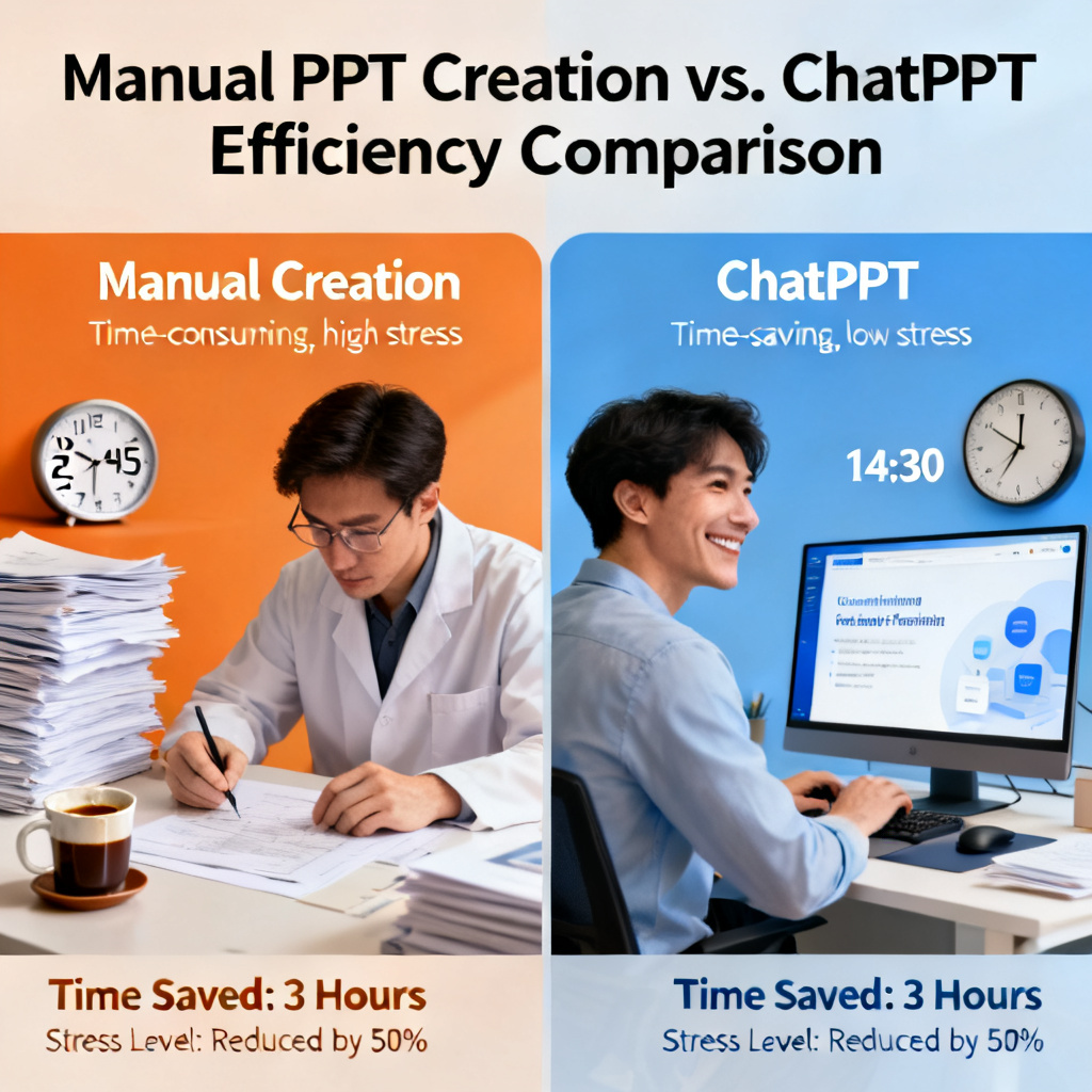 A comparison chart showing two scenarios. On the left, a researcher is manually creating a PPT, surrounded by stacks of paper, coffee cups, and a clock showing late night hours. On the right, the same researcher is using ChatPPT, smiling, with a clock showing daytime, and a finished, professional PPT on the screen. The chart highlights the time saved and reduced stress.