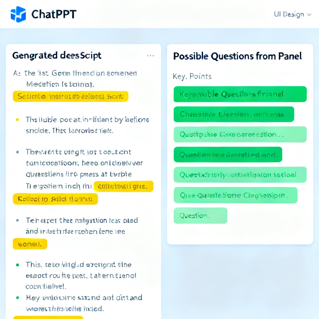 A screenshot of ChatPPT interface showing a generated defense script on the left and a "Possible Questions from Panel" section on the right, with highlighted key points.