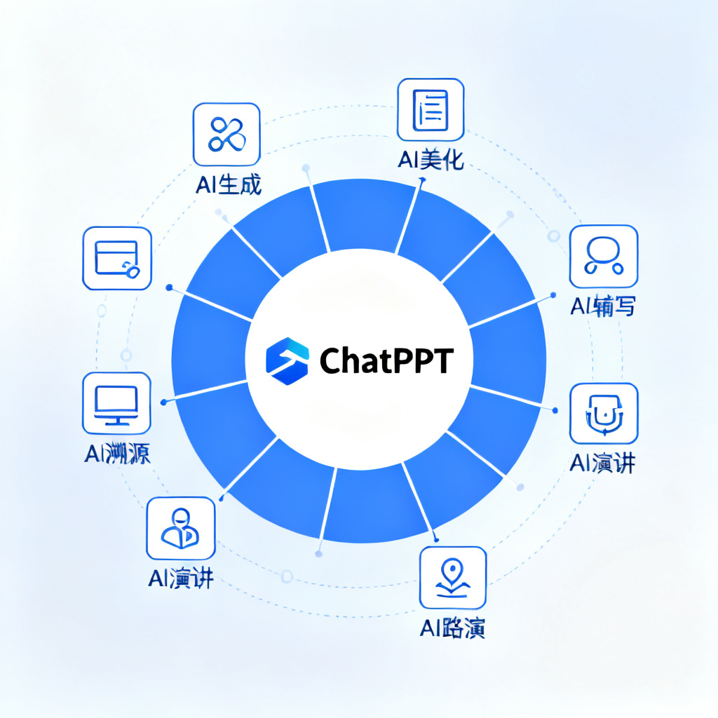 一张信息图，展示ChatPPT的8大核心模块图标：AI生成、AI美化、AI辅写、AI溯源、AI演讲、AI路演等，以圆形放射状排列，中间是ChatPPT logo，扁平化设计，科技蓝