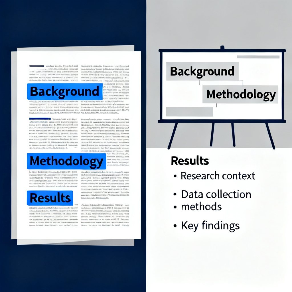 A split-screen illustration showing a dense academic paper on the left transforming into a well-structured, logical presentation outline on the right. The left side has highlighted sections like 'Background', 'Methodology', 'Results'. The right side shows clean slide titles and bullet points. Style: clean, professional, academic.