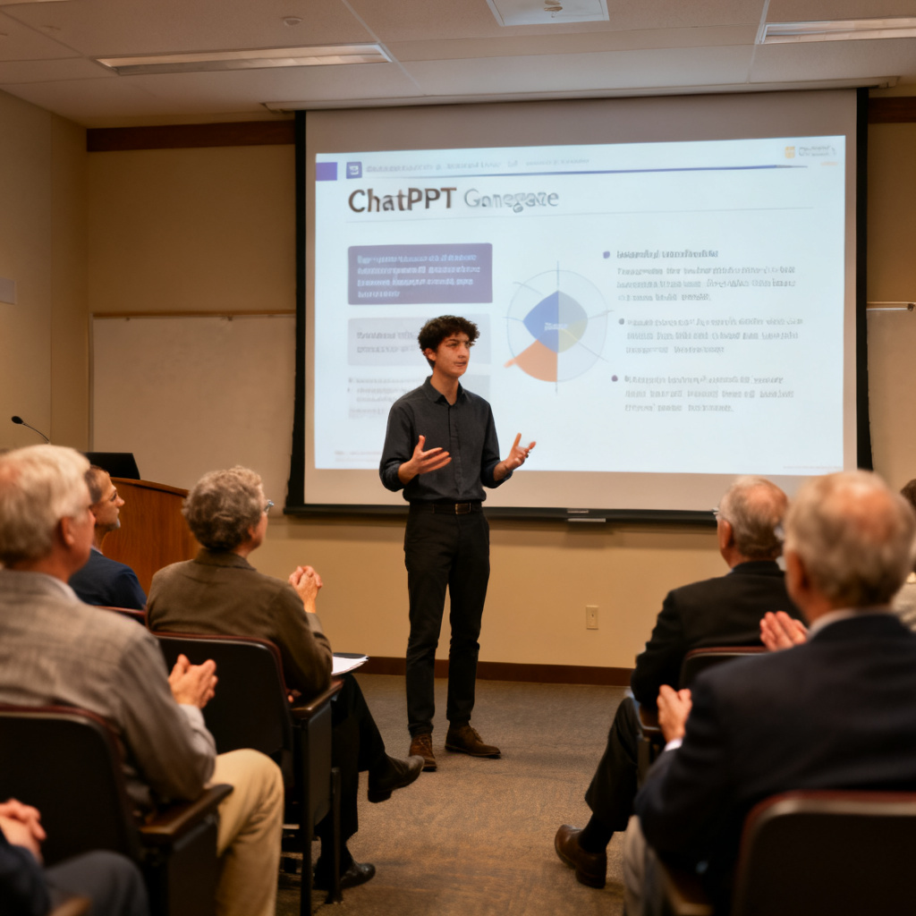 A student confidently giving a defense presentation, with a projection screen showing ChatPPT-generated slides, audience of professors nodding