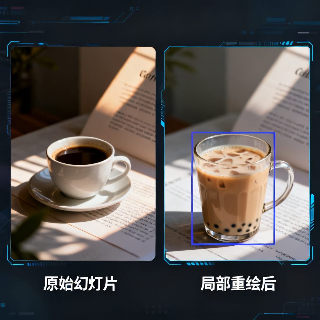 一张演示Magic涂画功能的对比图，左侧是原始幻灯片，右侧是经过局部重绘后的同一张幻灯片，用户框选了页面中的咖啡杯并替换为一杯奶茶，其他元素如背景、文字、光影完美融合