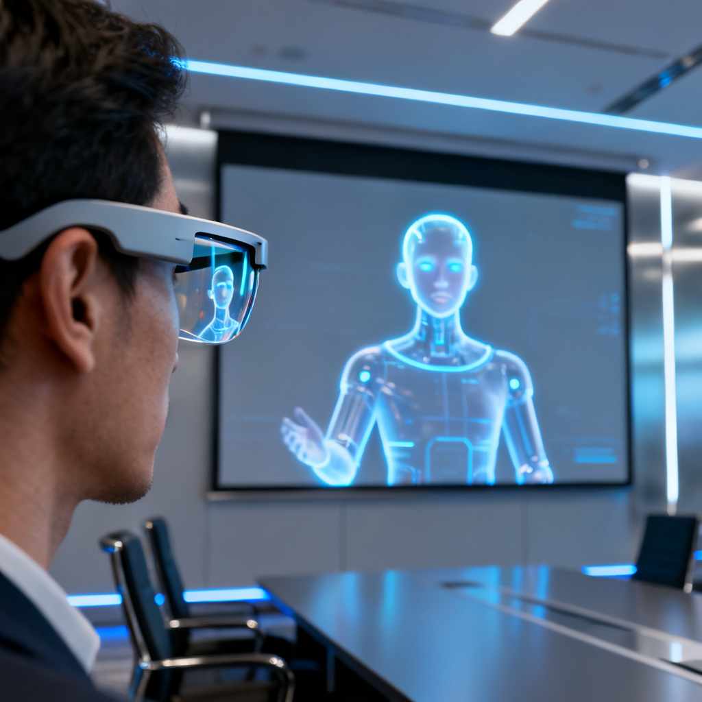 A futuristic concept image showing a digital human avatar presenting on a screen, with a person wearing smart glasses in the foreground. The background is a modern conference room with a large display. The style is sleek and high-tech, emphasizing the integration of AI and wearable technology.