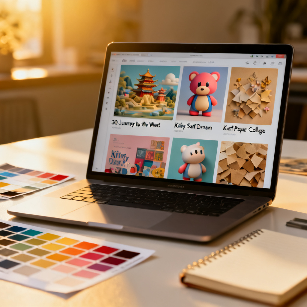 A laptop screen displaying an artistic presentation style library with thumbnails such as 3D Journey to the West, Kirby soft dream, and kraft paper collage. On the desk there are color swatches and a notebook. Professional photography, shallow depth of field.