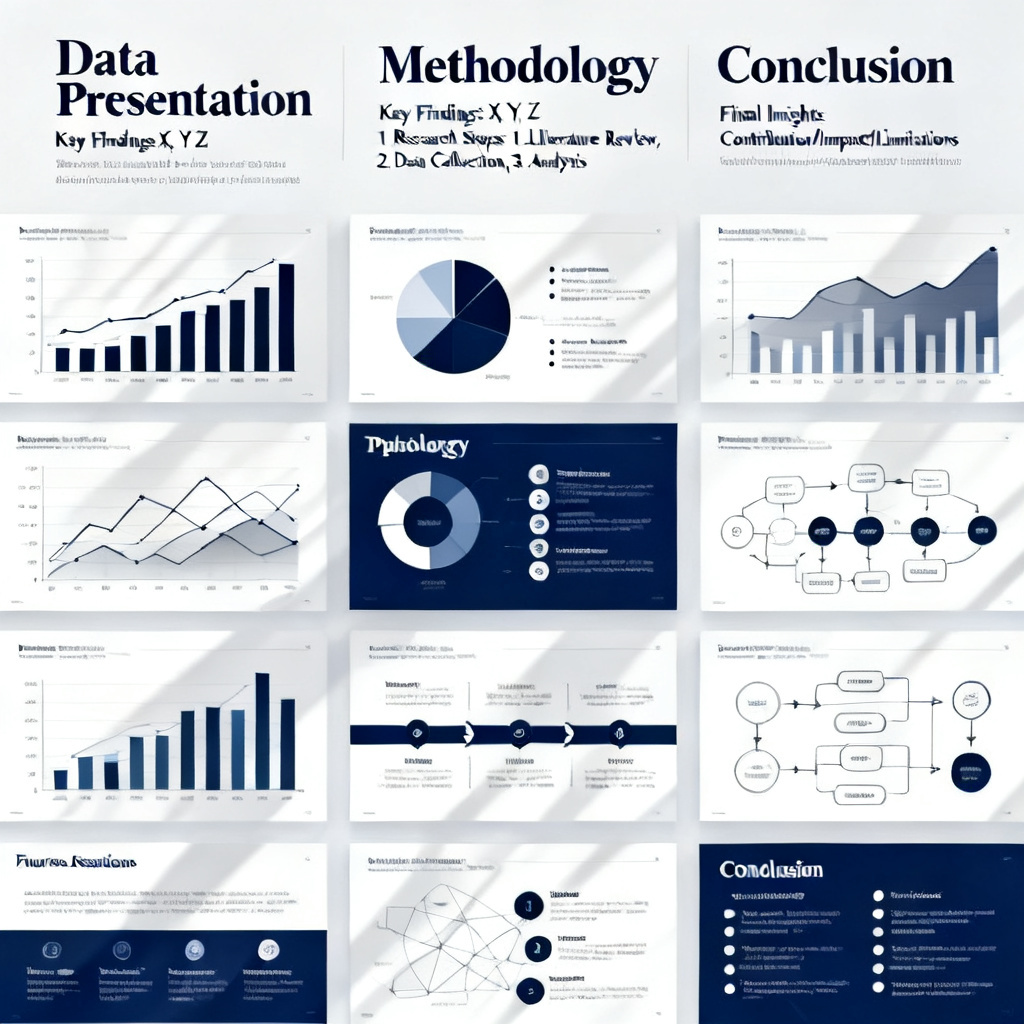 An academic template gallery with various slide designs for thesis defense, including data presentation, methodology, and conclusion sections.