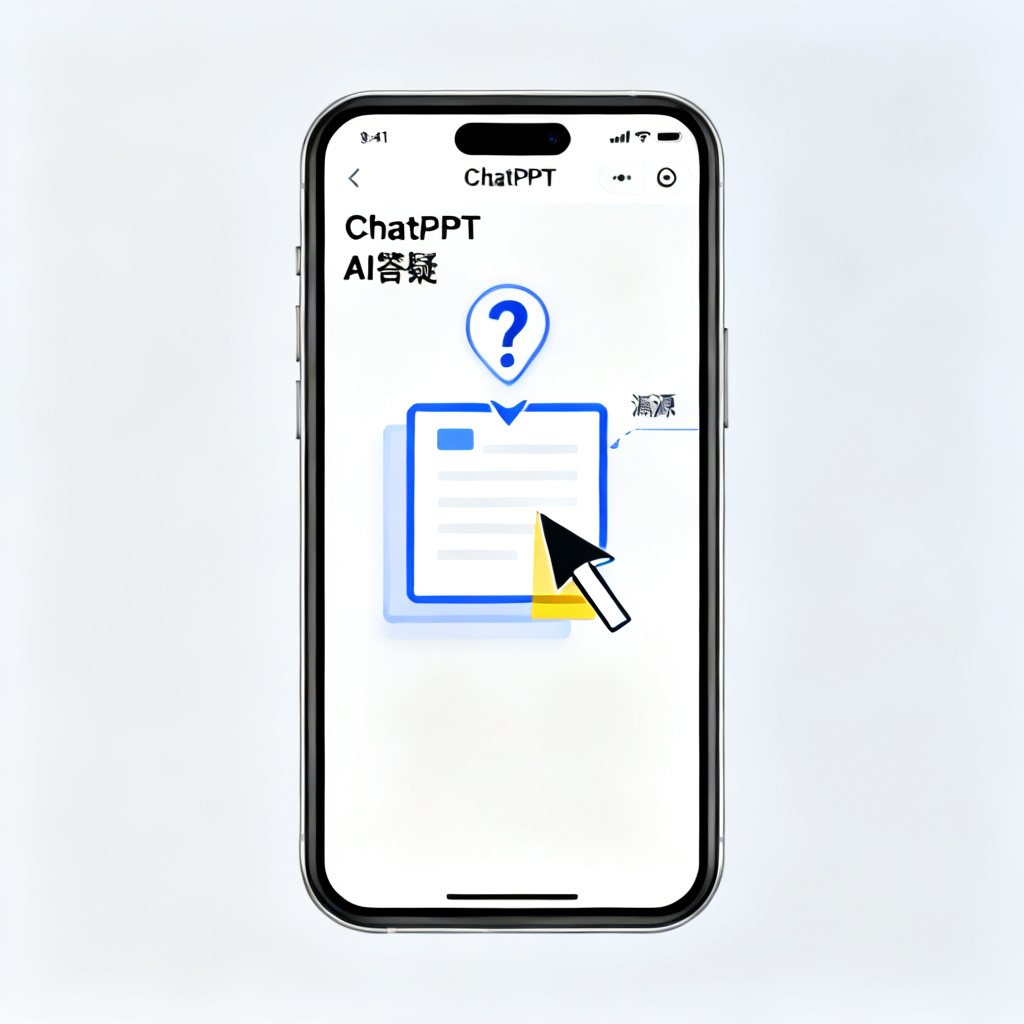 用户手机屏幕显示ChatPPT的AI答疑界面，一个问号图标指向PPT中的某一页，该页被高亮，旁边有溯源箭头，风格简洁、清晰