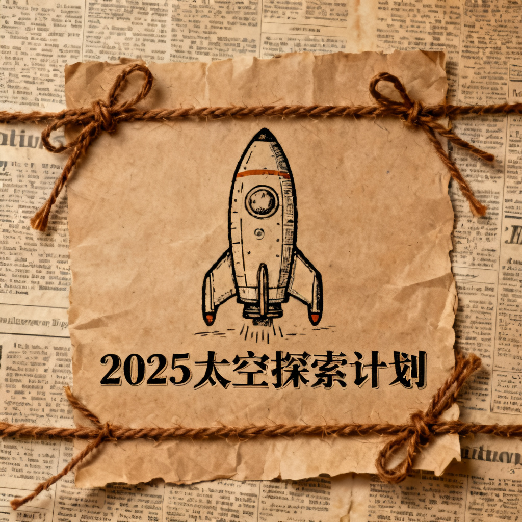 一张牛皮纸贴画风格的PPT页面，背景是旧报纸纹理，中央有一幅手绘风格的卡通火箭，周围用棕色麻绳装饰，标题“2025太空探索计划”使用打字机字体，整体色调温暖复古