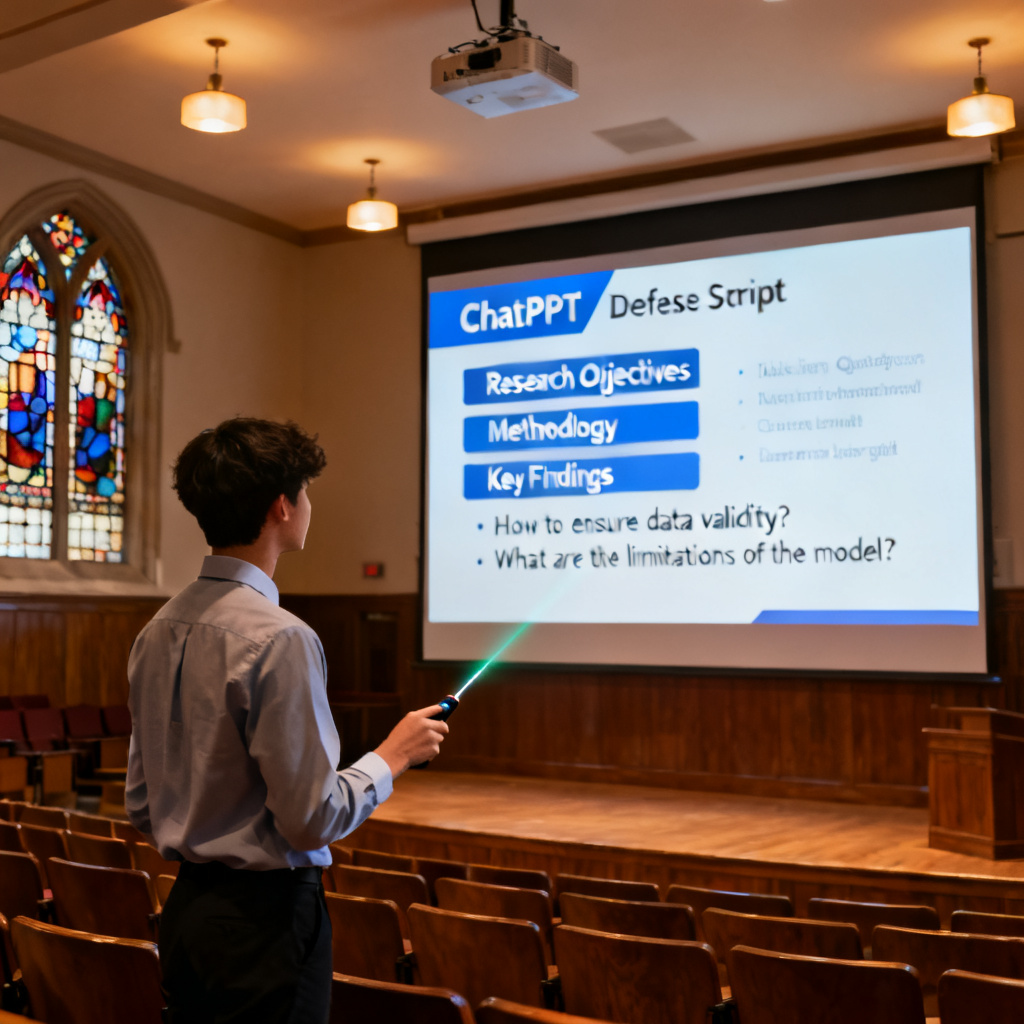A student presenting a PPT with ChatPPT's defense script on screen, showing key talking points and potential questions, university auditorium setting