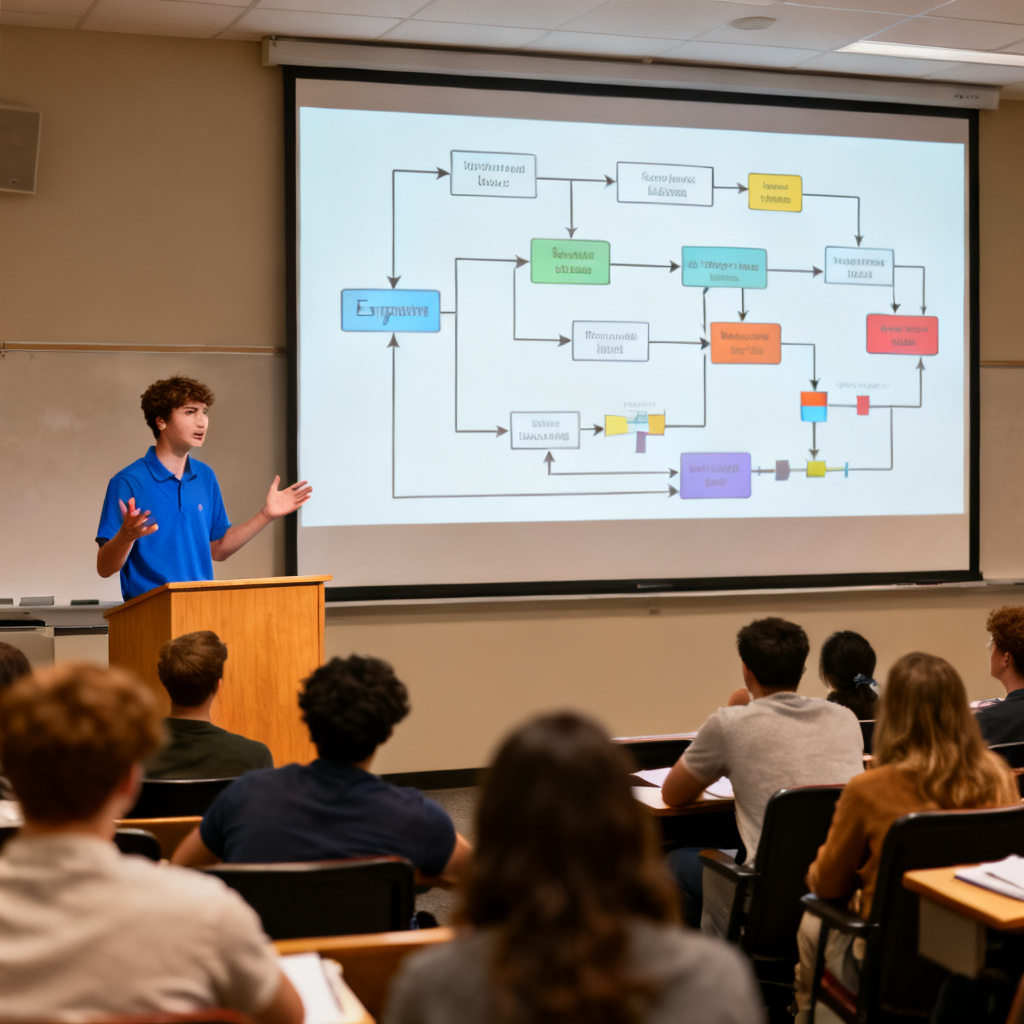 A student confidently presenting a PPT in a lecture hall, with the slide showing a complex experimental flowchart that is perfectly rendered. The audience looks engaged.