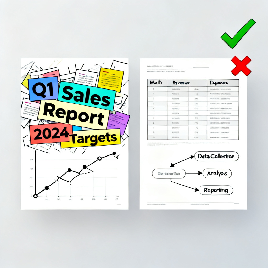 A side-by-side comparison of two PPT slides: the left slide shows a messy, colorful business-style template with misaligned text and a broken graph, while the right slide shows a clean academic template with a well-formatted table and a professional flowchart, with a red cross on the left and a green checkmark on the right