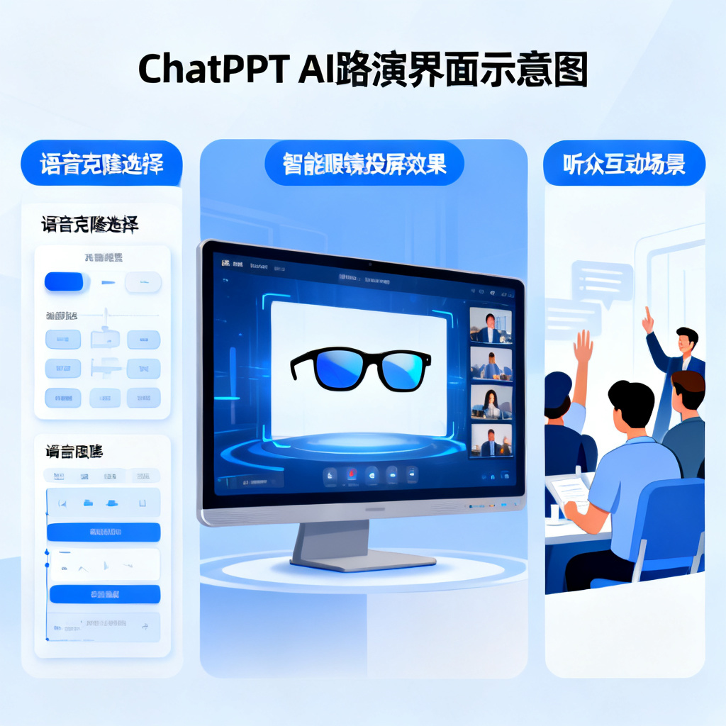 一张示意图，展示ChatPPT的AI路演界面，包含语音克隆选择、智能眼镜投屏效果和听众互动场景
