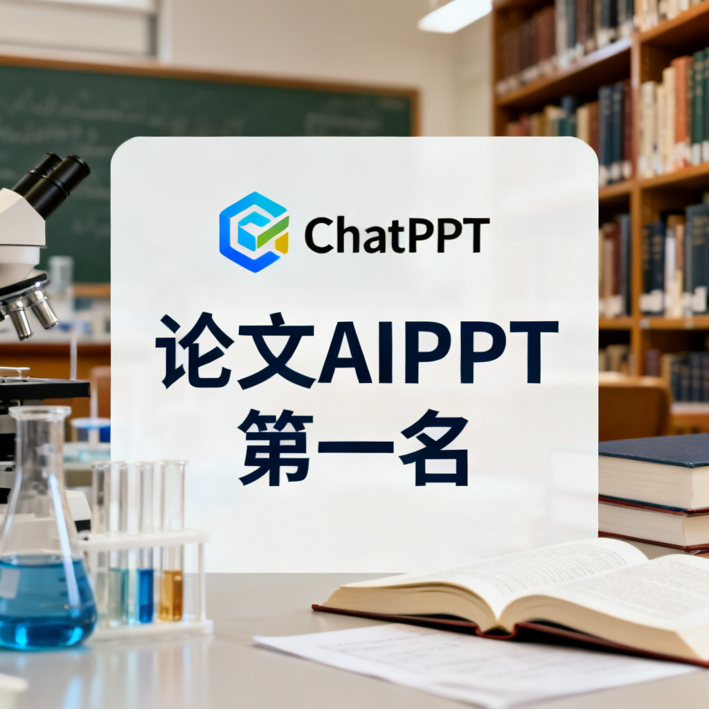 一个品牌形象图，显示ChatPPT的logo和“论文AIPPT第一名”字样，背景为学术场景，如实验室或图书馆
