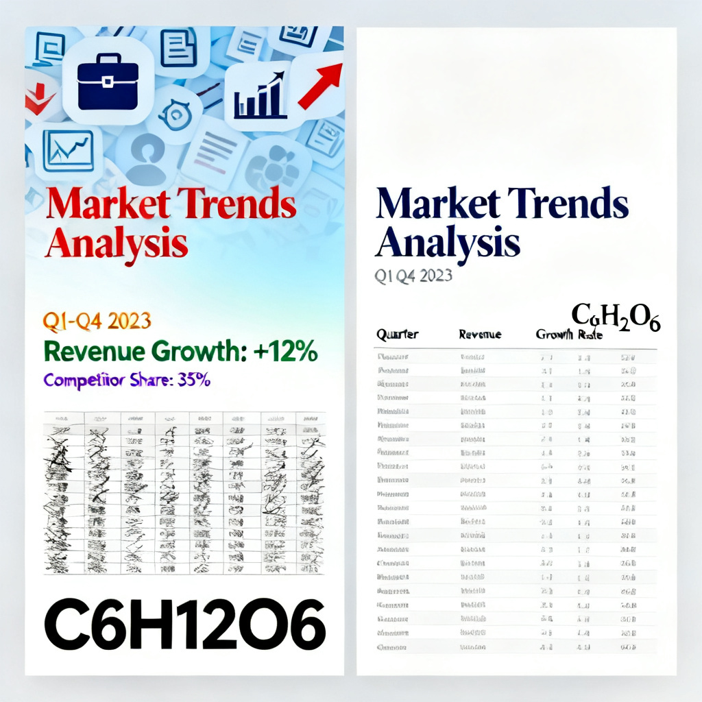 Side-by-side comparison of a cluttered, business-style slide vs. a clean, academic-style slide with a data table and molecular formula, both on the same topic.