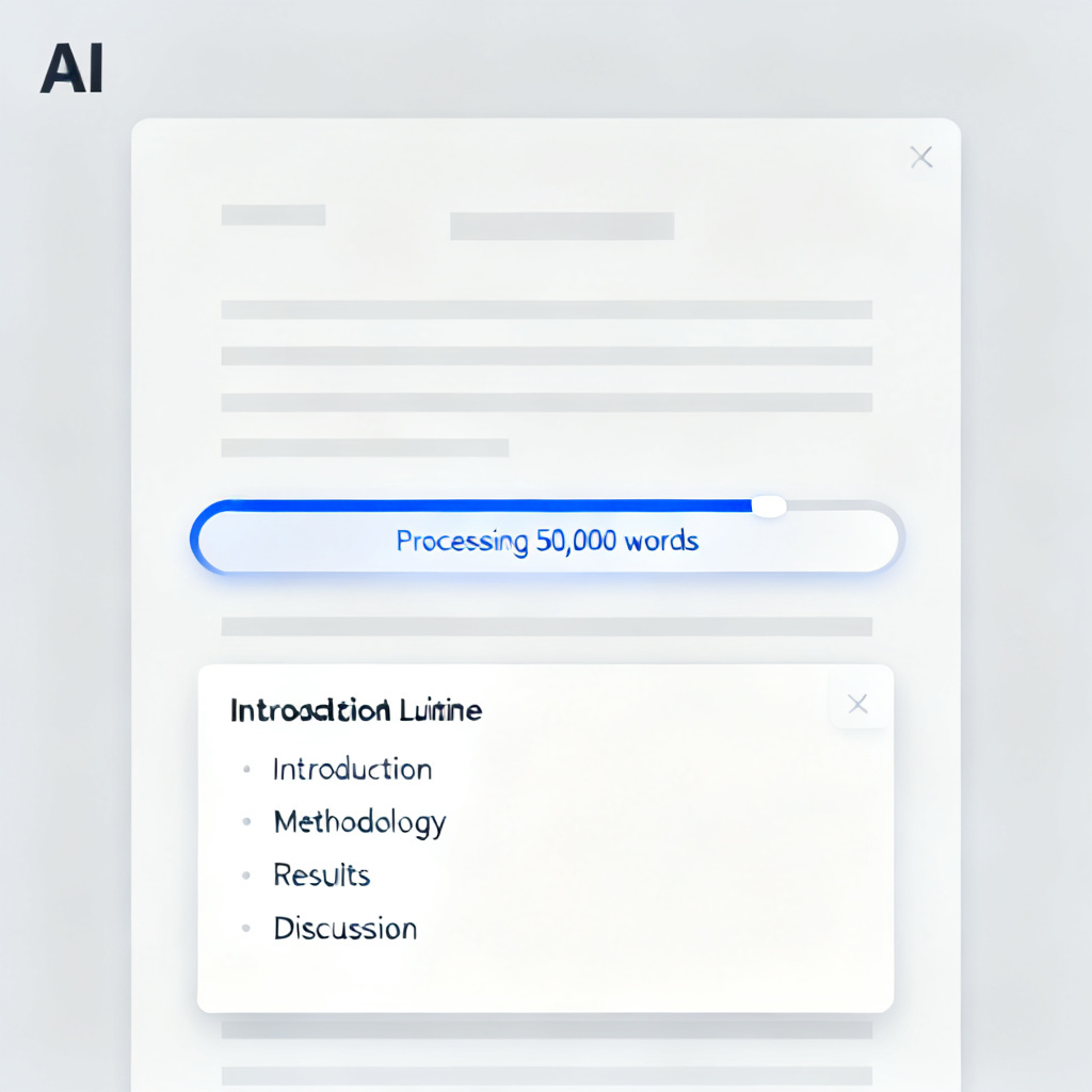 A screenshot of an AI interface showing a large document being uploaded, with a progress bar indicating "Processing 50,000 words" and a preview of the generated outline with sections like "Introduction", "Methodology", "Results", "Discussion", clean and minimalist design