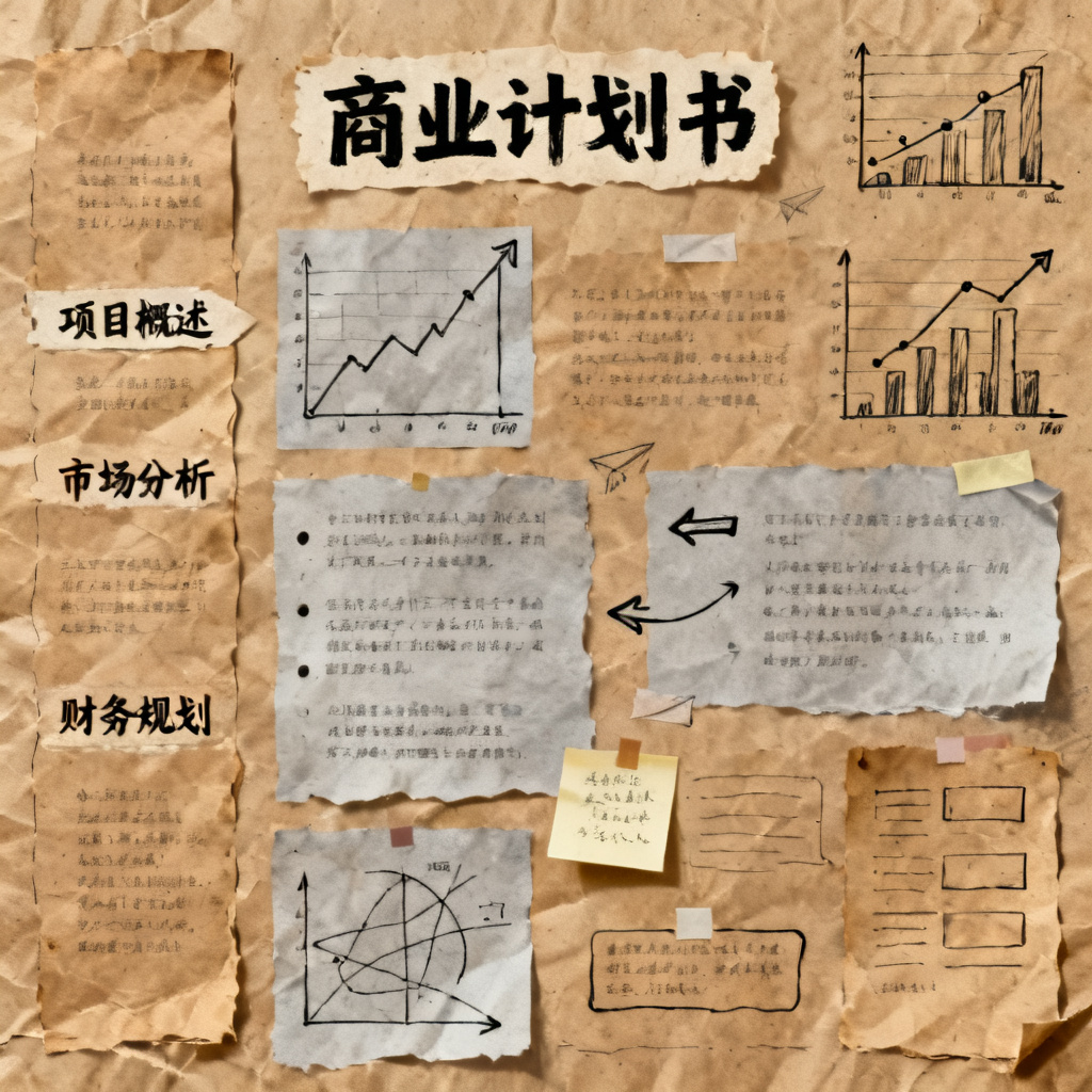 牛皮纸贴画风格的商业计划书PPT，手绘质感，纸张纹理，复古与现代结合