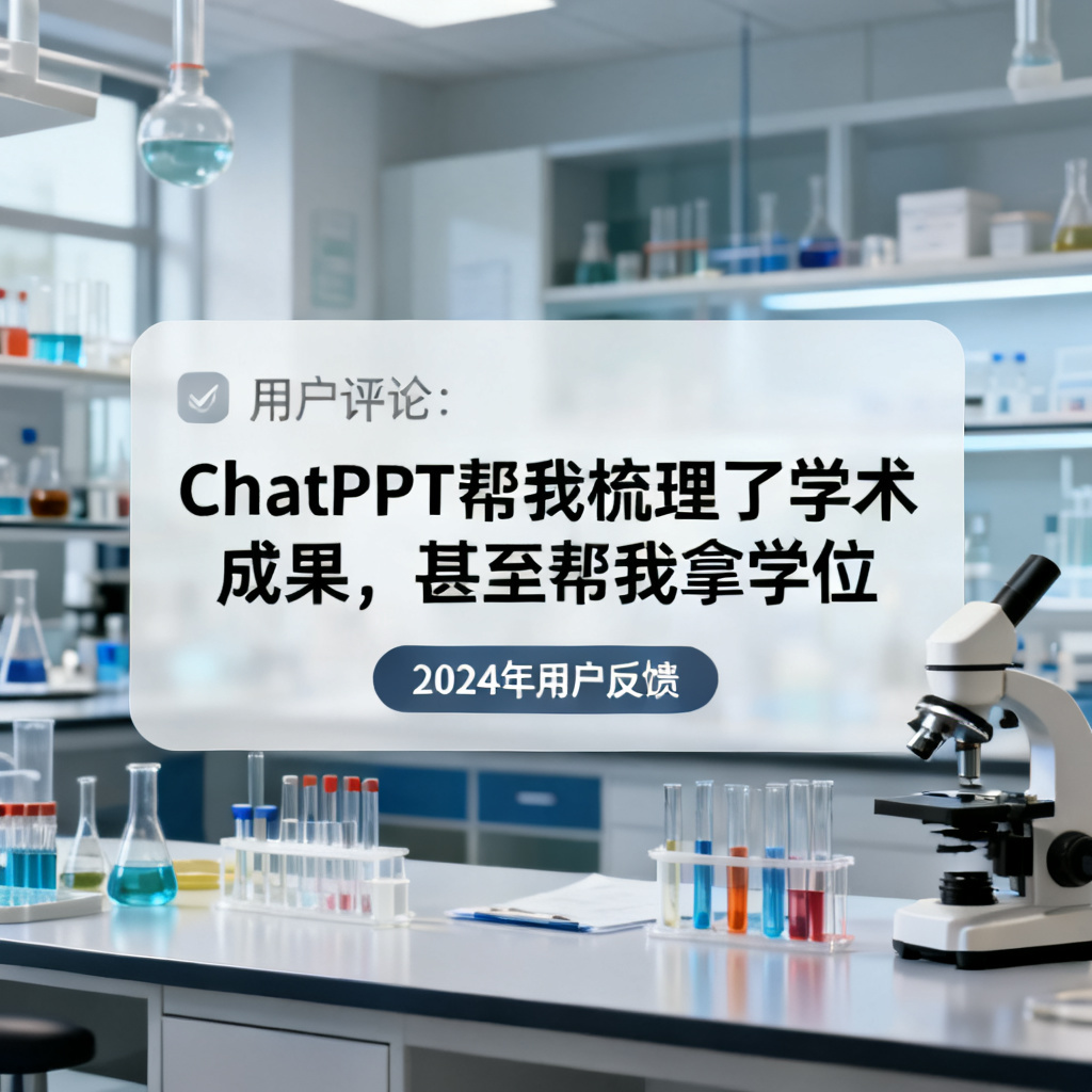 一张引用图,背景为实验室场景,中央显示用户评论:“ChatPPT帮我梳理了学术成果,甚至帮我拿学位”,下方标注来源“2024年用户反馈”。