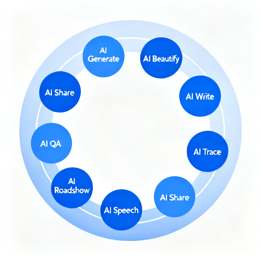 An infographic showing the 8 core modules of an AI presentation tool: AI Generate, AI Beautify, AI Write, AI Trace, AI Speech, AI Roadshow, AI QA, AI Share, connected in a circular flow, minimalist design, blue and white color scheme.