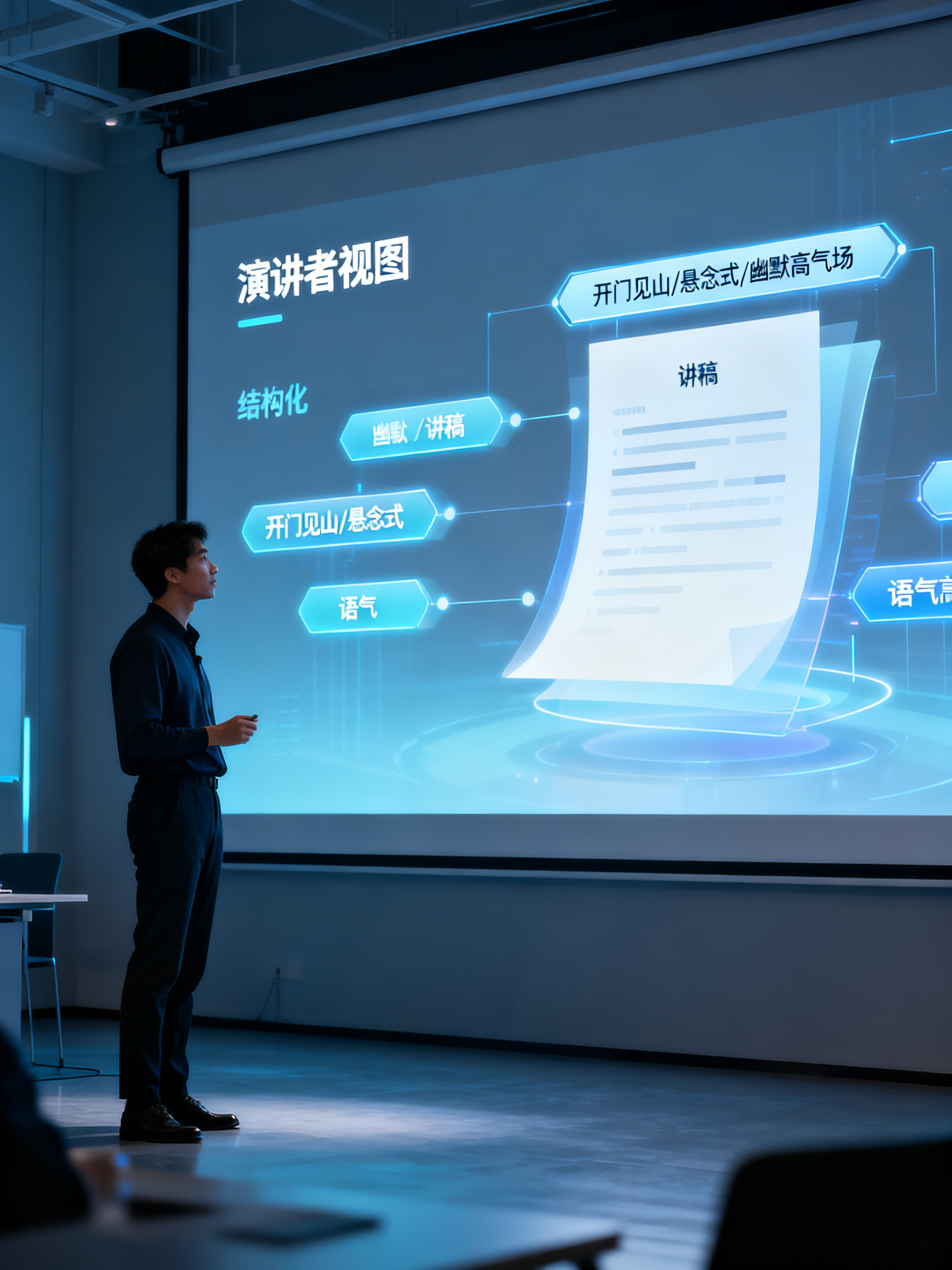 演讲者站在投影幕前,屏幕显示“演讲者视图”,旁边悬浮结构化讲稿与语气标签“开门见山/悬念式/幽默高气场”