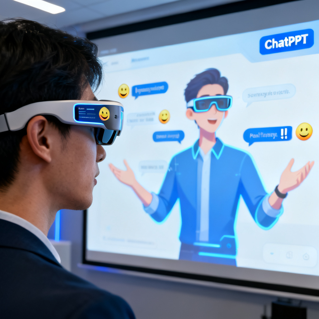 A futuristic scene showing a user wearing AI smart glasses (Rokid or similar) during a presentation. The glasses display synchronized speech notes with emotional cues, while a digital avatar of the user is projected on a screen behind them. The interface shows ChatPPT branding.