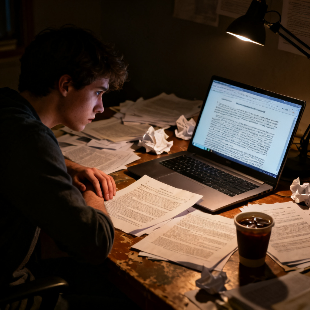 A stressed PhD student sitting at a desk late at night, surrounded by scattered papers and a laptop displaying a dense academic paper, dim lighting, realistic style