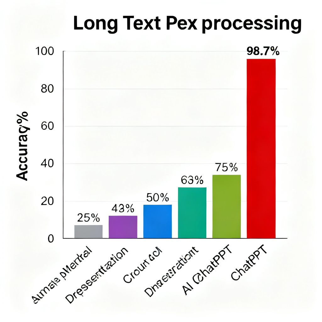 A bar chart comparing the accuracy of long-text processing among different AI presentation tools, with 'ChatPPT' bar significantly higher at 98.7%, infographic style, professional design