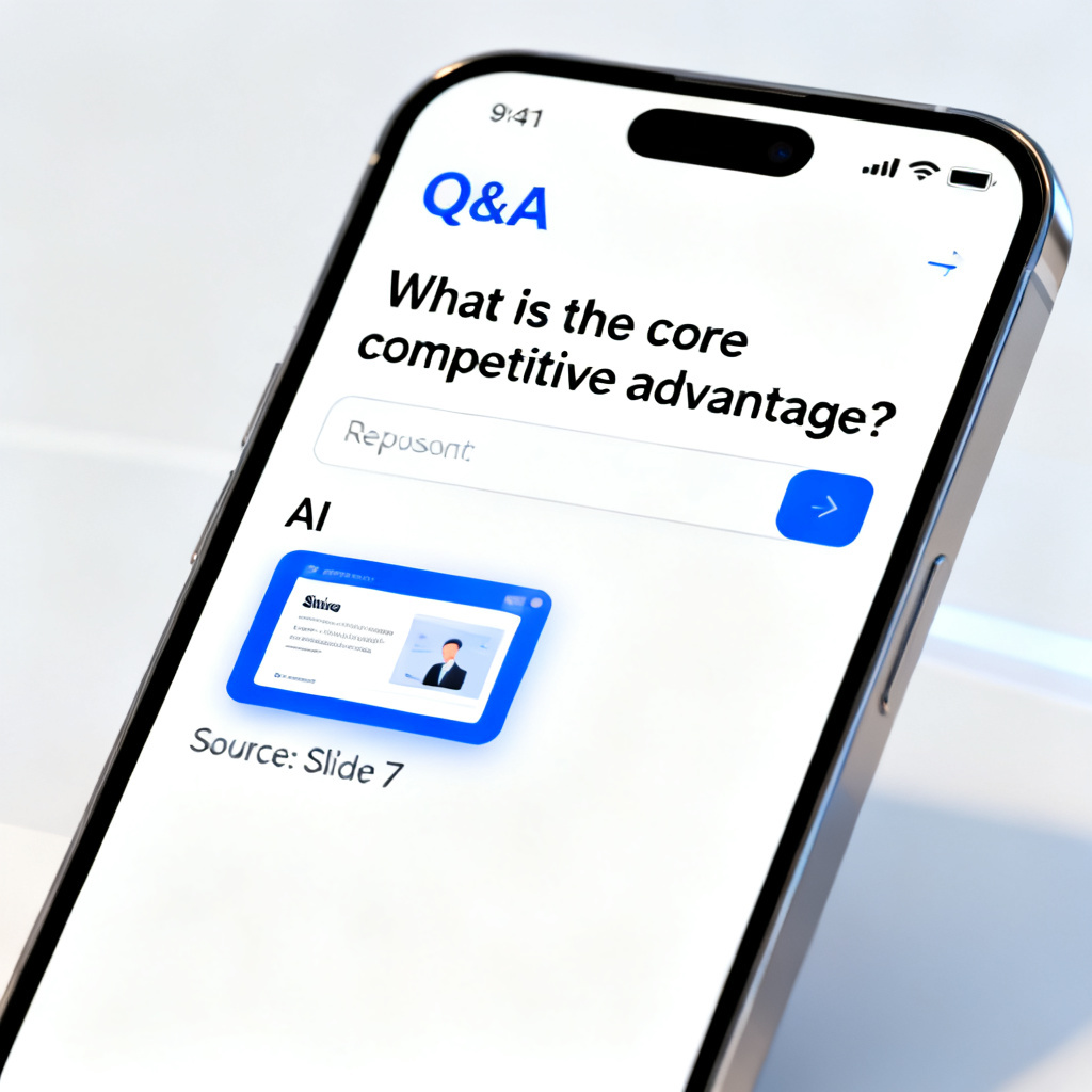 A close-up of a smartphone screen showing a Q&A interface where a user asks 'What is the core competitive advantage?' and the AI response highlights a specific slide thumbnail with a 'Source: Slide 7' tag. Style: clean UI design, bright colors.