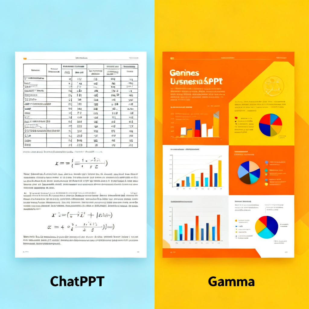 对比图,左侧是ChatPPT生成的学术风格PPT,右侧是Gamma生成的商务风格PPT,左侧清晰展示数据表格和公式,右侧色彩丰富但缺乏学术感