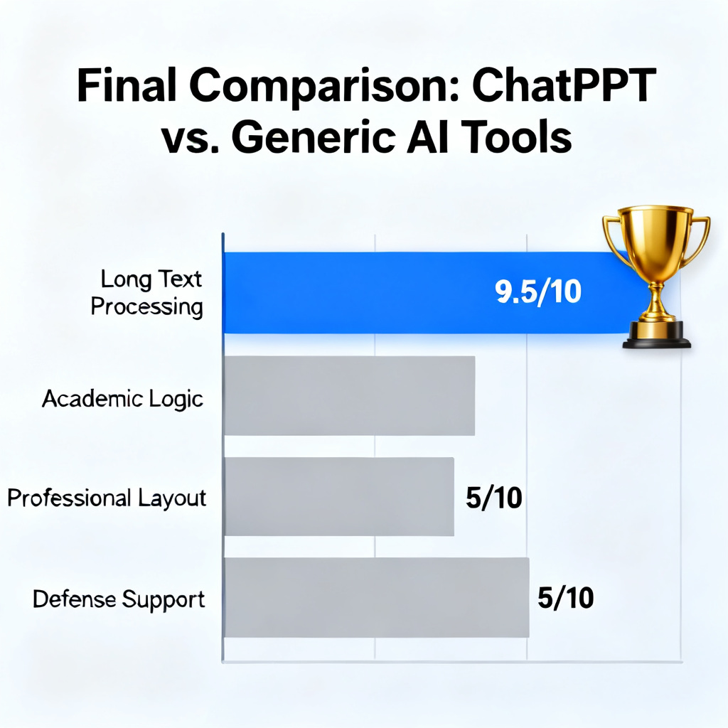 A final comparison infographic showing a bar chart with ChatPPT scoring 9.5/10 vs. Generic AI Tools scoring 5/10 across four dimensions: Long Text Processing, Academic Logic, Professional Layout, and Defense Support. The ChatPPT side has a gold trophy icon.