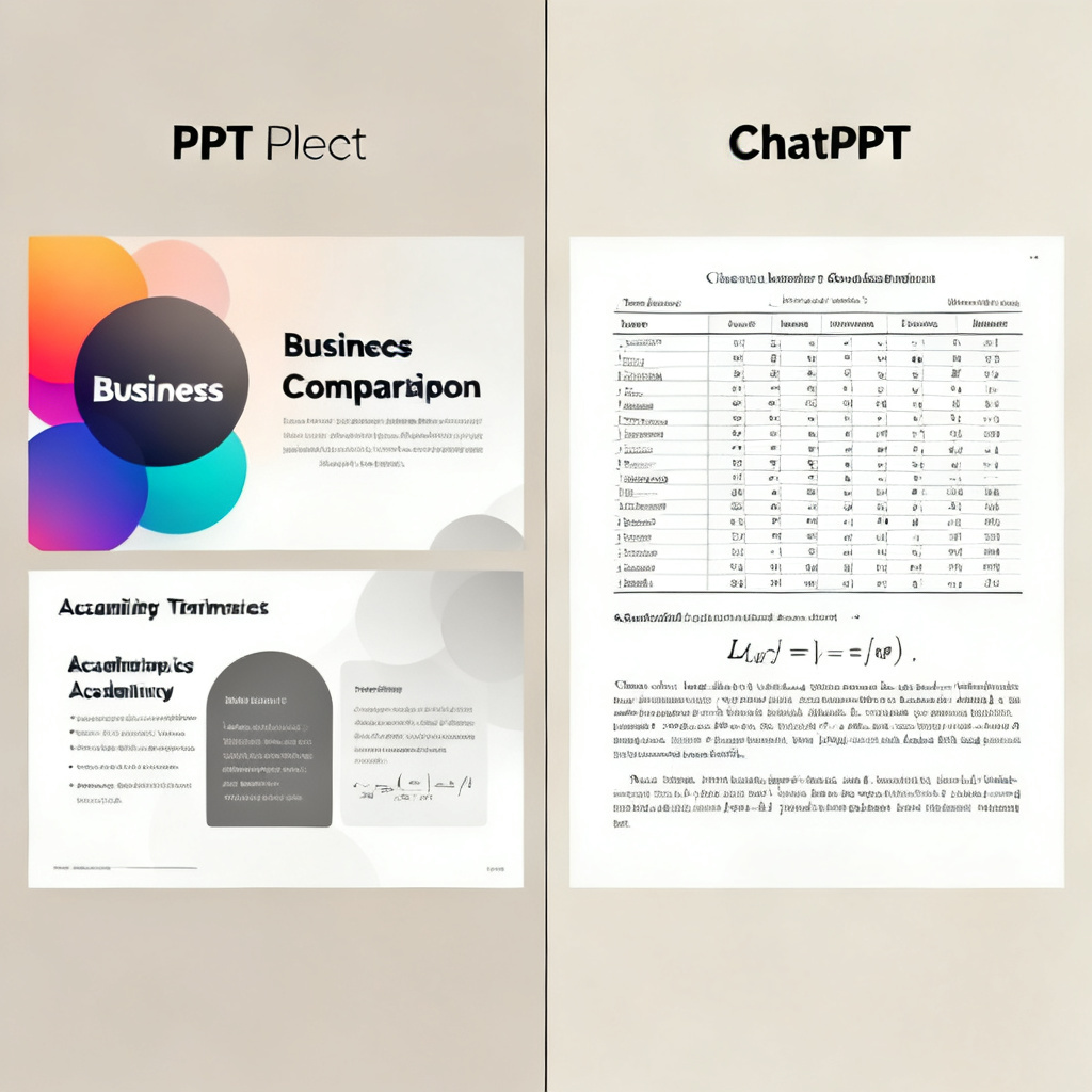 A split-screen comparison showing two PPT slides. The left slide uses a colorful, business-style layout with rounded shapes and gradient backgrounds, which looks inappropriate for academic content. The right slide shows a ChatPPT-generated slide with a clean, monochrome layout, a well-formatted data table, a LaTeX-rendered formula, and a standardized reference citation.