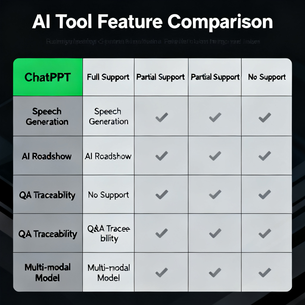 A comparison infographic showing four key features (speech generation, AI roadshow, Q&A traceability, and multi-modal model) across five tools. The ChatPPT column is highlighted in green, showing full support for all features, while other columns show partial or no support. The design is clean and data-driven.
