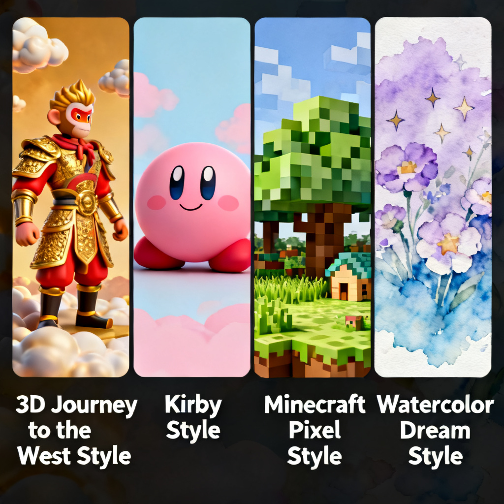 A collage of four different PPT styles generated by ChatPPT: 3D Journey to the West style, Kirby style, Minecraft pixel style, and watercolor dream style.