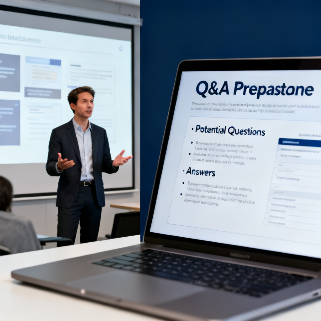 A split screen showing a presenter speaking confidently in front of a projection screen on one side, and a laptop displaying a Q&A preparation document with potential questions and answers on the other, professional style