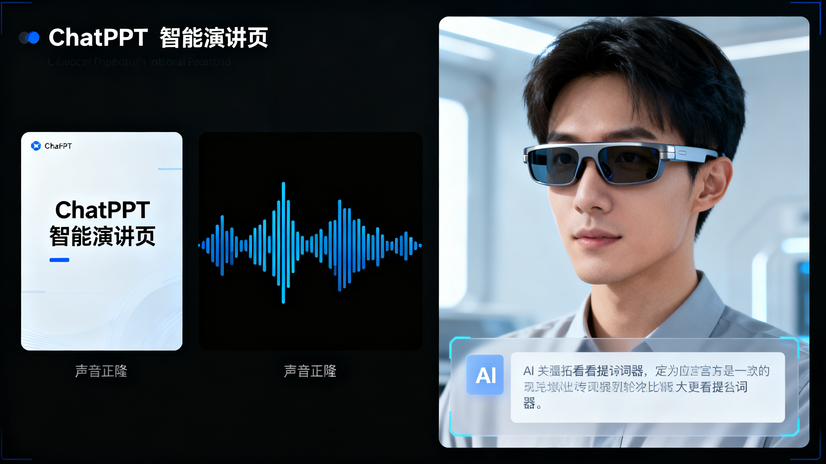 分屏画面，左侧是 ChatPPT 智能演讲页，中间是声音克隆声波图，右侧是佩戴 AI 智能眼镜的人看到提词器内容，科技感风格