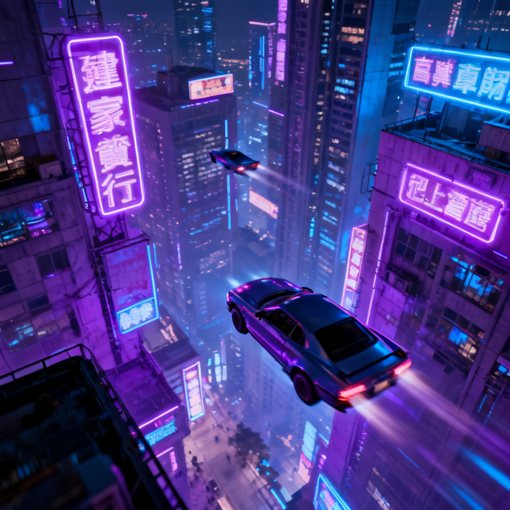 赛博朋克风格的城市夜景，霓虹灯招牌，飞行的汽车，高对比度的紫色和蓝色调，未来感