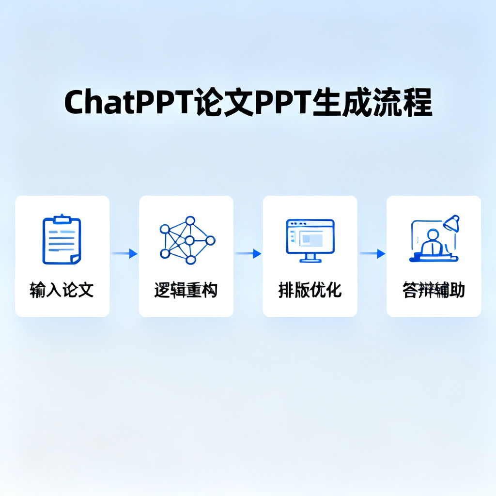 一个简洁的流程图，标题为“ChatPPT论文PPT生成流程”：输入论文→逻辑重构→排版优化→答辩辅助，每个步骤配小图标。